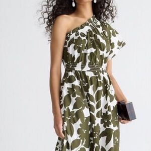 J. Crew Olive Green and White Floral Dress. One Shoulder